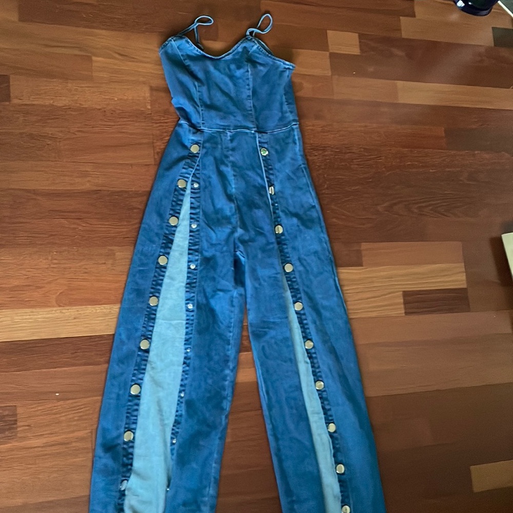 Fashion Nova Blue Wide Leg Button-Trim Jumpsuit